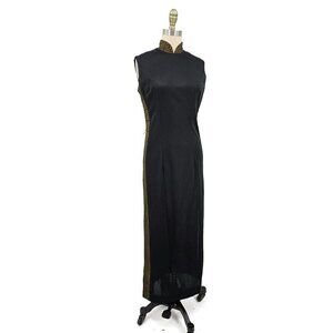 Vtg Alfred Shaheen Black Gold Cheongsam Dress Womens 10 Asian Inspired Slit